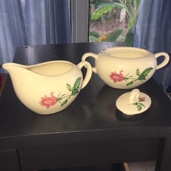 Vintage Other - Antique ivory spout creamer & sugar bowl set with lid red rose floral motif